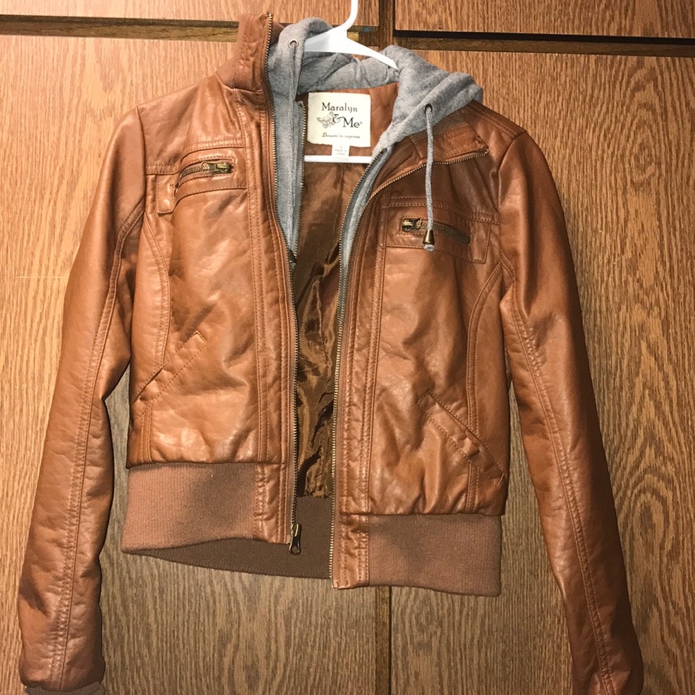 Hooded tan leather jacket